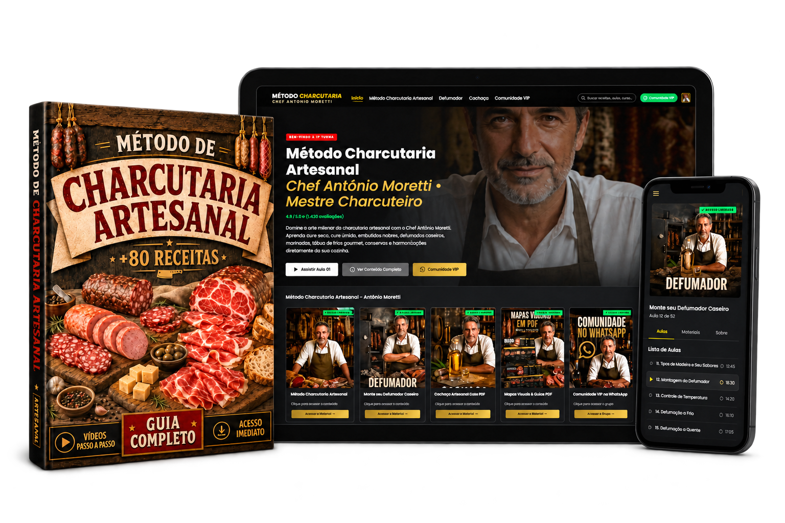 Método de Charcutaria Artesanal no livro, tablet e telemóvel